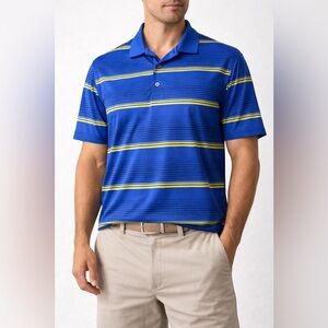 PGA Tour Blue Yellow Striped Golf Polo Shirt Men’s XL Performance‎